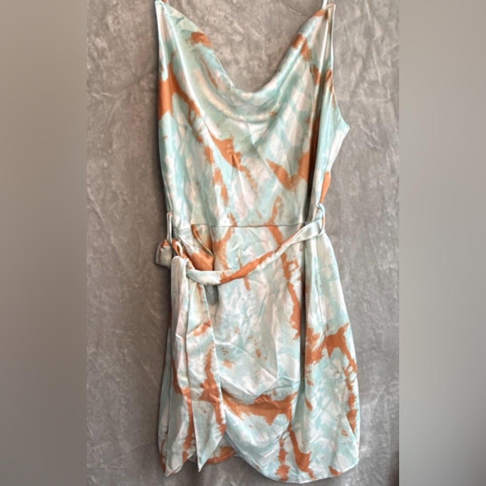 Simple Mint & Coral Cowl Neck Tie-Dye Mini‎ Dress with Waist Tie